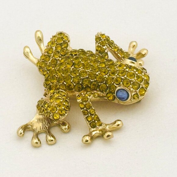 Pet Friends Gold Tone Frog Brooch Pin With Blue Eyes - Picture 3 of 7